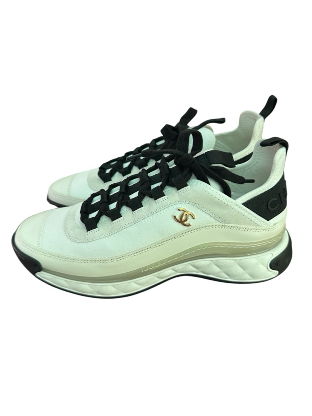 CHANEL White and Black Women's Athletic Sneakers with Black Laces - Picture 2 of 7